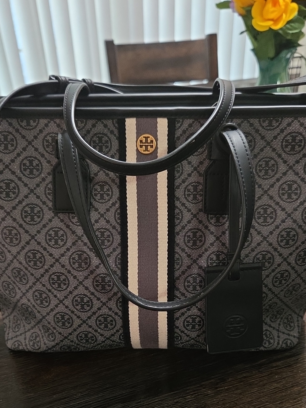 Black and Cream Logo Canvas Tote with Center Stripe
